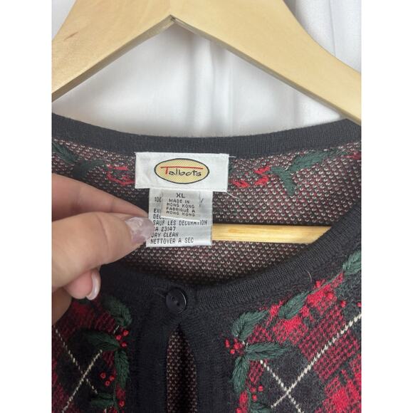 Talbots Holiday Merino Wool Holly Cardigan Sweater XL Christmas Plaid - Picture 6 of 6